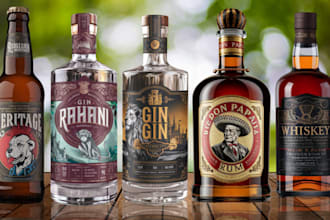 design label for gin, wine, beer, rum, vodka, whisky, tequila, champagne, liqour