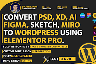 convert PSD, xd, ai, figma to wordpress using elementor pro