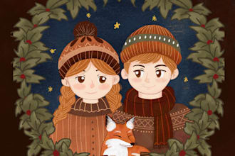 illustrate cute watercolor couple or family and pet portrait