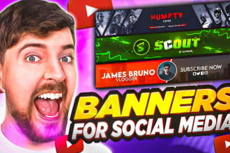 design creative banners for youtube, facebook, twitch, twitter and gaming