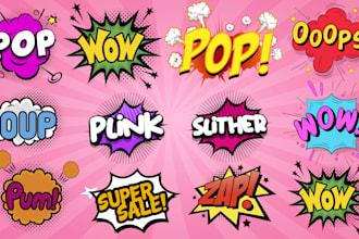 create pop art, funko, vintage, retro, 80s, 90s logo and words text comic style