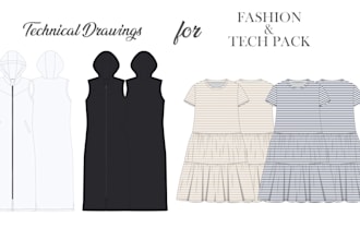 create detailed technical flat sketch and tech packs