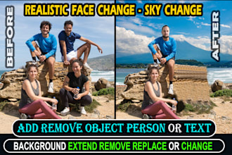 add remove object person item text logo background sky replace, face head change