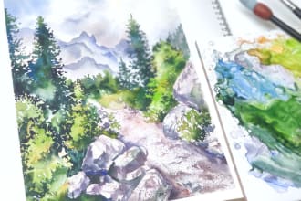 paint watercolor landscape with mountains, sea, yachts, houses