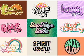 design groovy, hippie, psychedelic, cute funky typography font logo