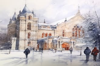 draw architectural sketches of buildings with watercolour
