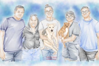 hand draw amazing watercolor portrait your family, couple, pet
