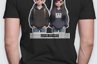 create illustrated couple tshirt with photo animated 3d