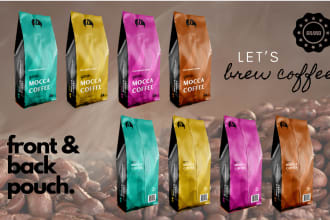 design a coffee bag, pouch, label, stickers, and mylar bags