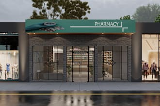 design and 3d render of clinic and pharmacy