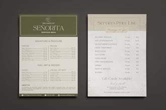 do minimalist salon price list, spa massage menu, eyelash, restaurant sell sheet