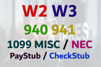 prepare w2, w3, 1099, 940, 941, paycheck, paystub