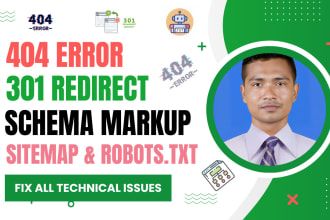 fix 404 errors, 301 redirect, schema markup, xml sitemap robots txt