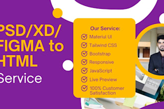 convert figma to HTML, PSD to HTML, xd to HTML, responsive tailwind CSS