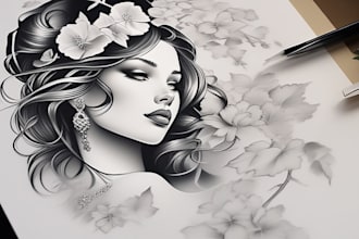 do detailed black and white custom drawing, tattoo