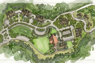 sketch architectural and landscape site plan rendering