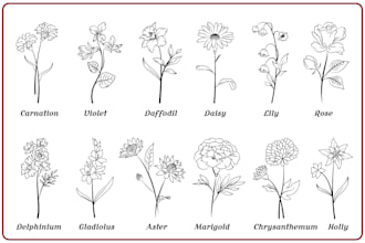 deaw beautiful flower, plant  and  botanical line art
