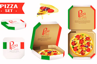 design pizza box, burger, label, snacks, and product package