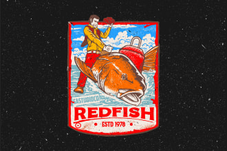 do vintage fishing t shirt design, badge and logo in hand drawn style