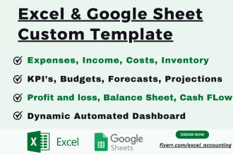 do excel, google sheets sales, expenses, income, budget, profit loss, dashboard