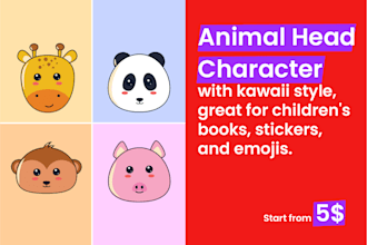 create cute kawaii animal head vector character for you