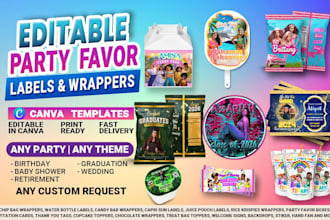 design editable party favor labels and wrappers in canva