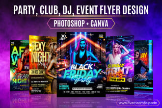 design party, club, dj, event flyer in canva or photoshop