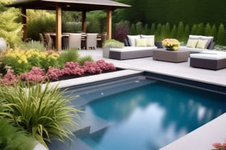 backyard landscape design, pool and garden patio