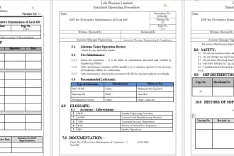 prepare sops, policies and procedures, equipment manuals, process flows, chart