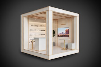 design 3d trade booth, mall kiosk, popup shop, stall, or stand