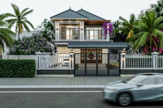 do exterior design, exterior rendering and house rendering of dream house plans