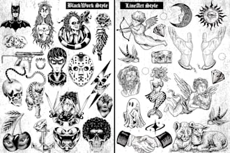 create flash tattoo art set, black work, line art style