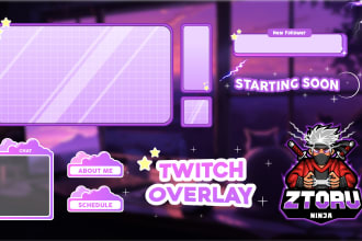 design animated twitch overlay, twitch logo, panels, screen, alert, packages