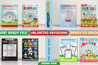 create children puzzles activity book and cover for KDP