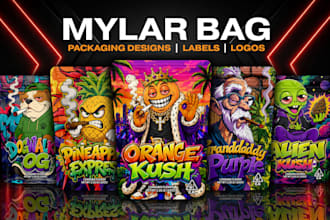 design unique weed pouch, mylar bag, jar and cbd product labels