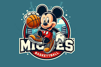 make an amazing mickey playing basketball mascot  logo design in one day