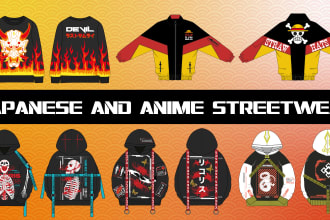 create japanese or anime streetwear illustration, fashion technical sketch