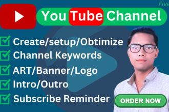 creation, setup youtube channel with logo, art, intro, outro