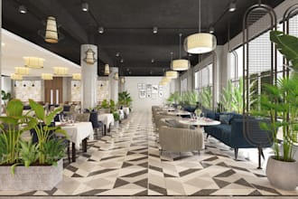 design and render restaurant, cafe in 3ds max