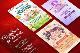 design valentine day card, easter flyer, women day flyer and mardi gras in 3hrs