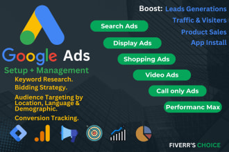 setup google adword PPC search ads, display, performance max, SEM, shopping ads