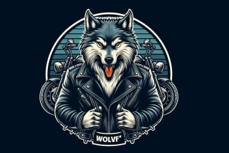 design outstanding wolf in biker jacket mascot logo for you