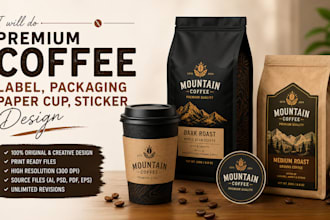 do premium coffee label, packaging, paper cup, sticker design