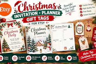design christmas invitation, christmas planner, christmas gifttag etsy christmas