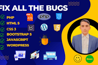 fix php,html5, css3,bootstrap5,javascript errors and wordpress problems in 24h
