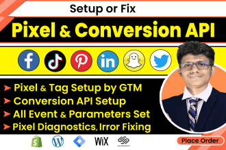 setup tiktok pixel, snapchat, pinterest, meta, facebook pixel conversion API