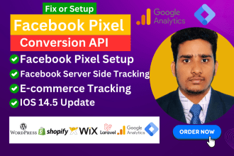 setup facebook pixel conversion API, google analytics 4 or ecommerce tracking