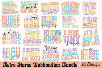 design retro groovy nurse typographic t shirt bundle