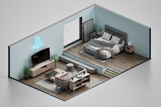 create a 3d isometric or perspective room design