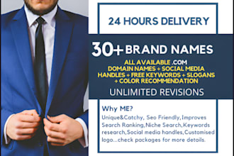 give 30 catchy domain names and business name with research